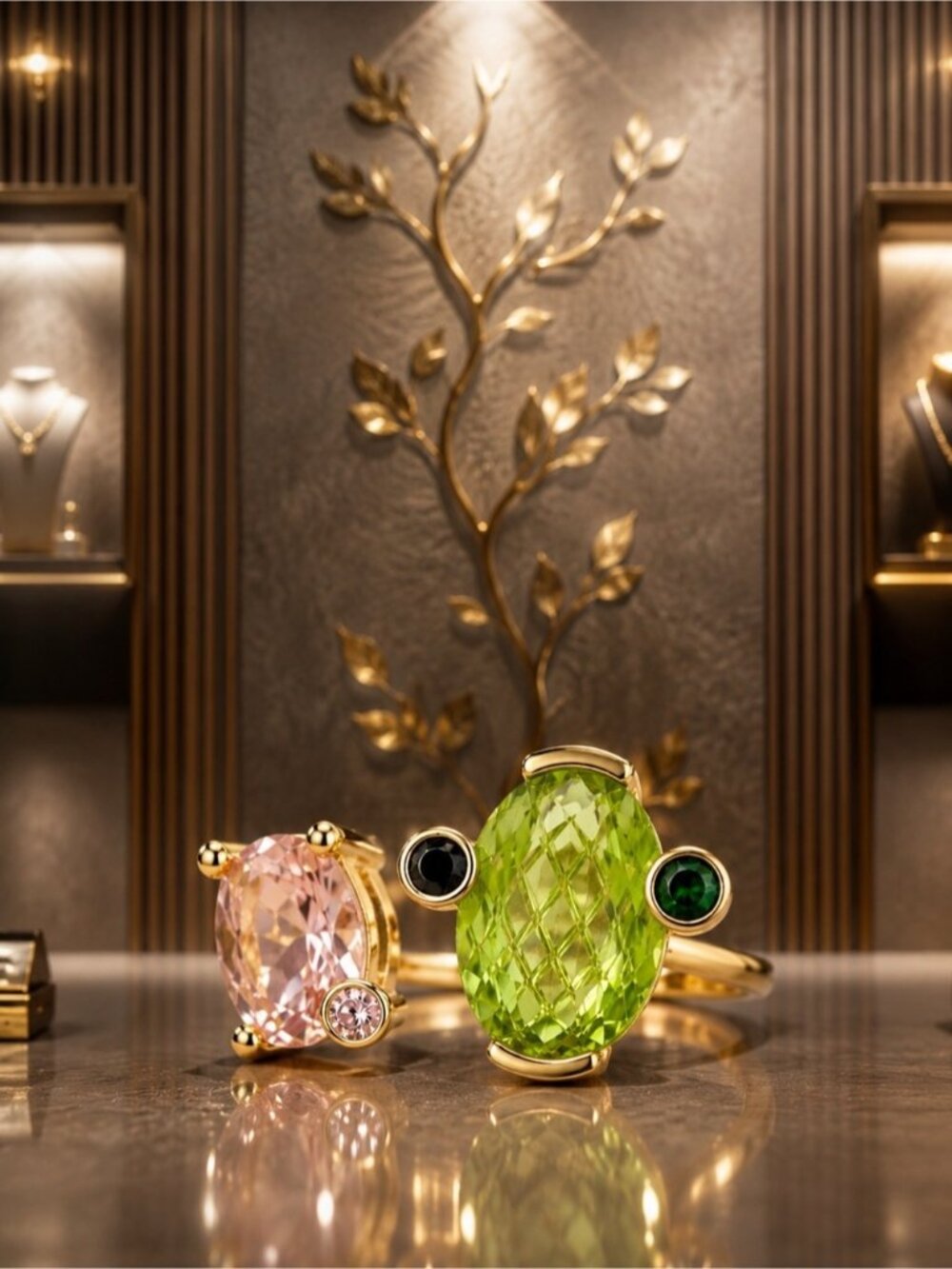 Gold plated Rings with Green and Pink Gemstones